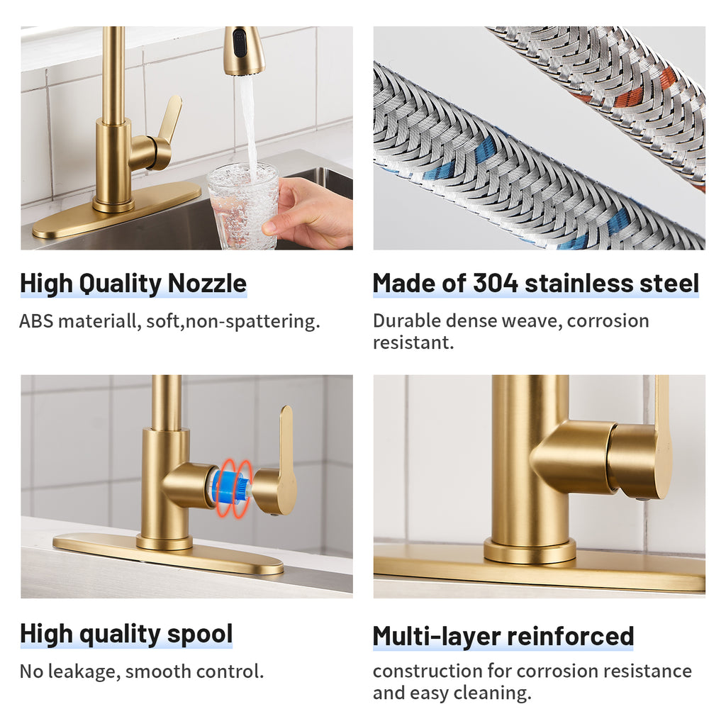 Gooseneck Single-Handle Pull Down Sprayer Kitchen Faucet with Deckplate and Sweep Spray Pull Out Sink Faucet in Gold