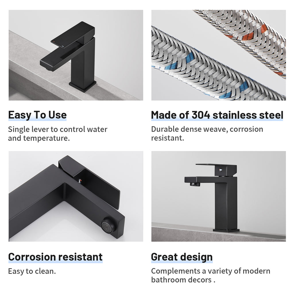 Square Single Handle Single Hole Bathroom Faucet in Matte Black