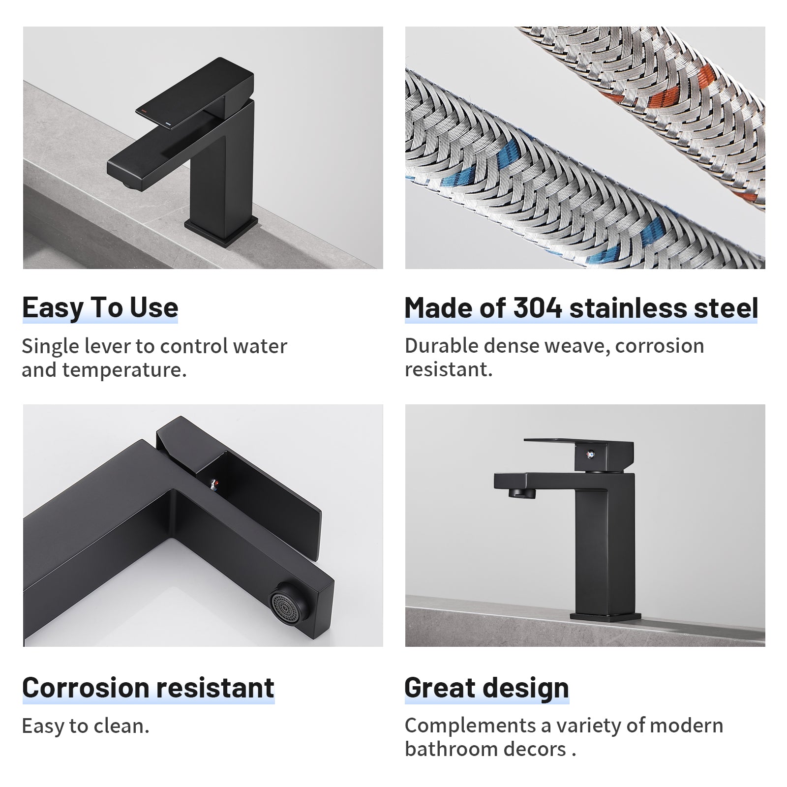 Square Single Handle Single Hole Bathroom Faucet in Matte Black
