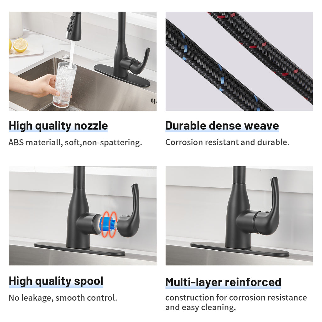 Gooseneck Single-Handle Pull Down Sprayer Kitchen Faucet with Deckplate and Sweep Spray Pull Out Sink Faucet in Black