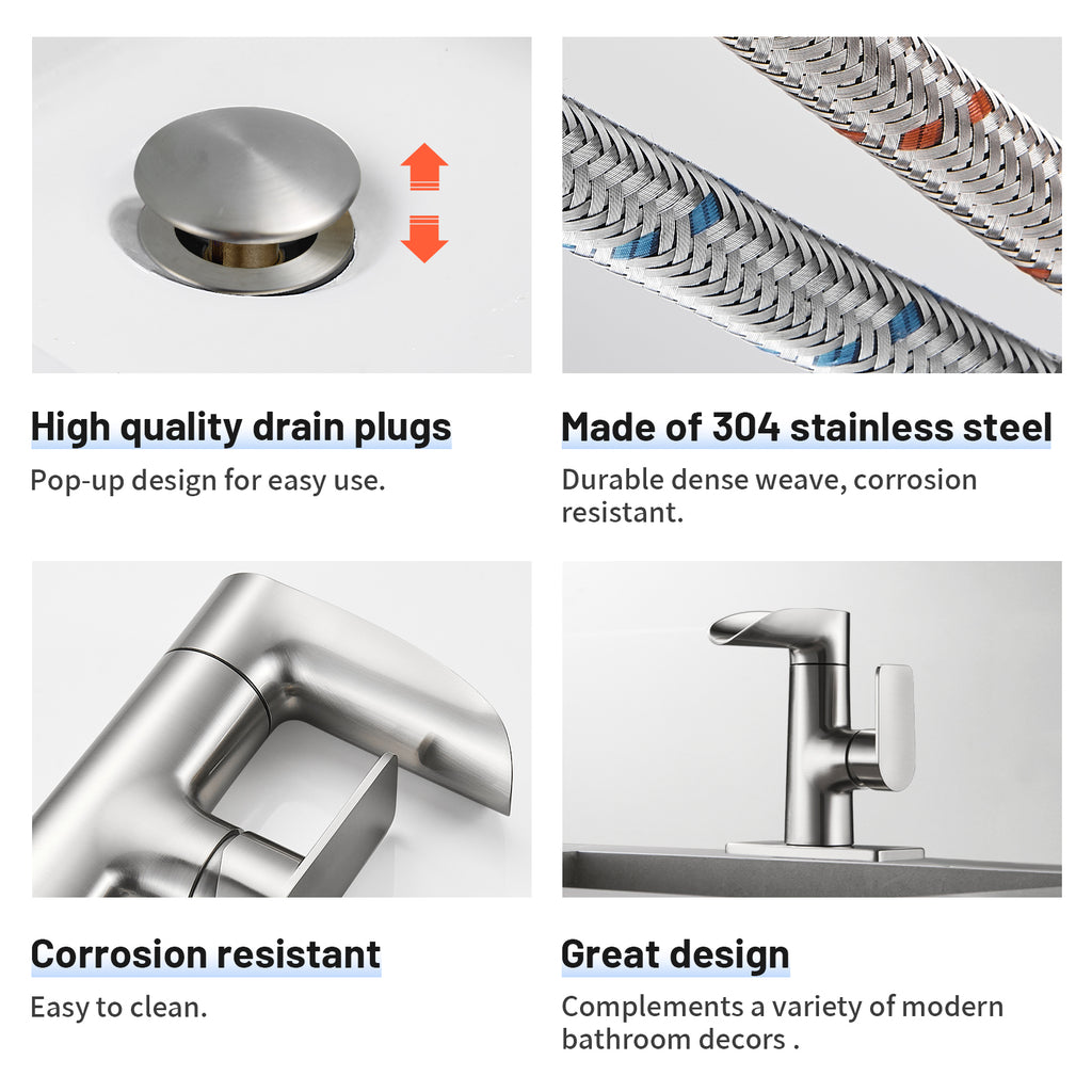 Single Handle Single Hole Low Arc Bathroom Faucet With Metal Pop Up Drain Assembly Swivel Sink Faucet in Brushed Nickel