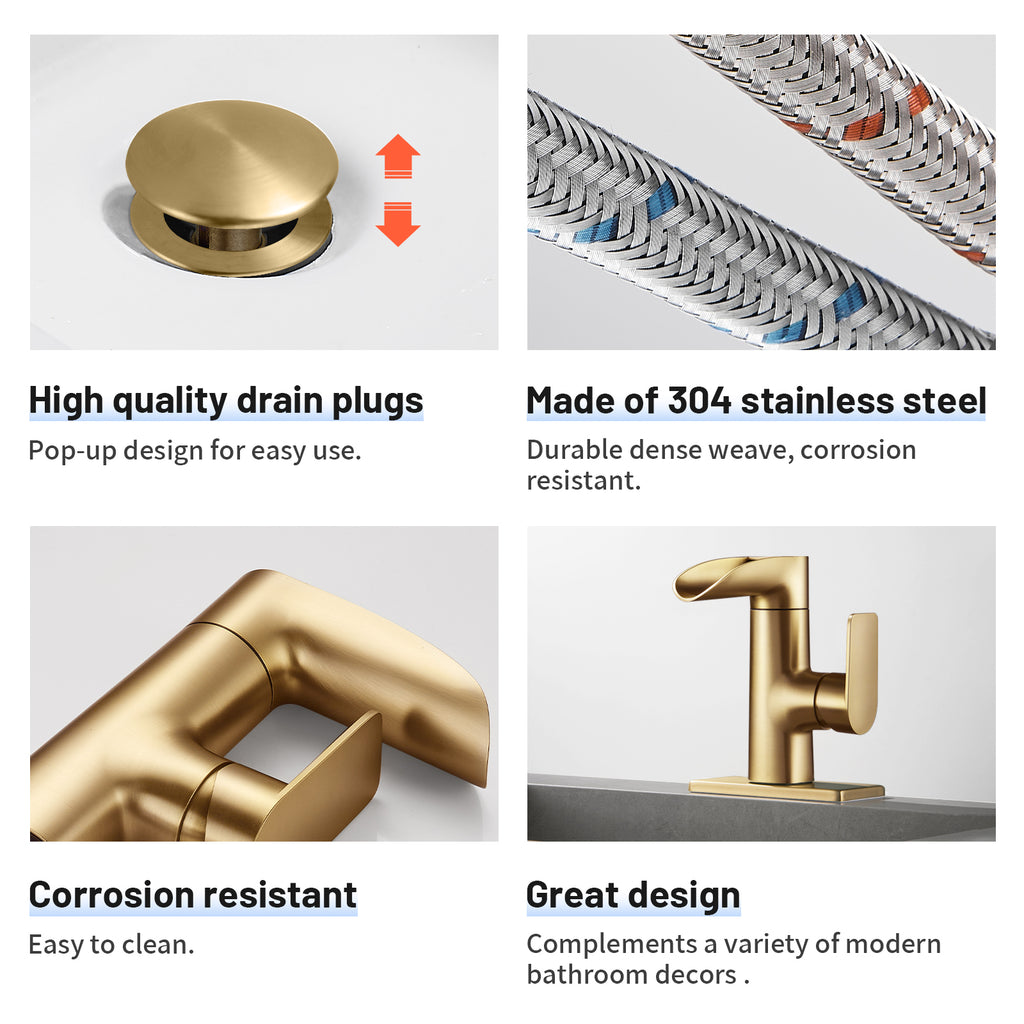 Waterfall Single Handle Single Hole Low Arc Bathroom Faucet With Metal Pop Up Drain Assembly Sink Faucet in Gold