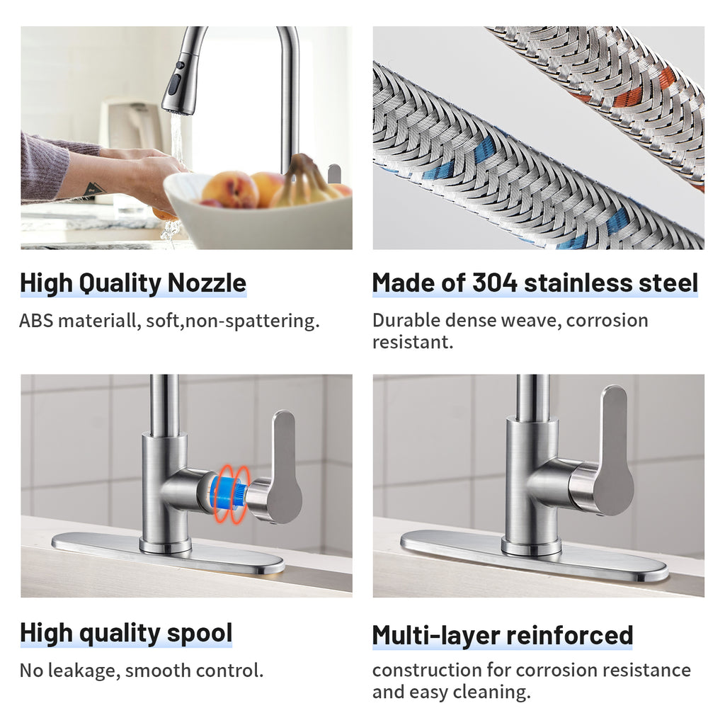 Gooseneck Single-Handle Pull Down Sprayer Kitchen Faucet with Deckplate Pull Out Sink Faucet in Brushed Nickel