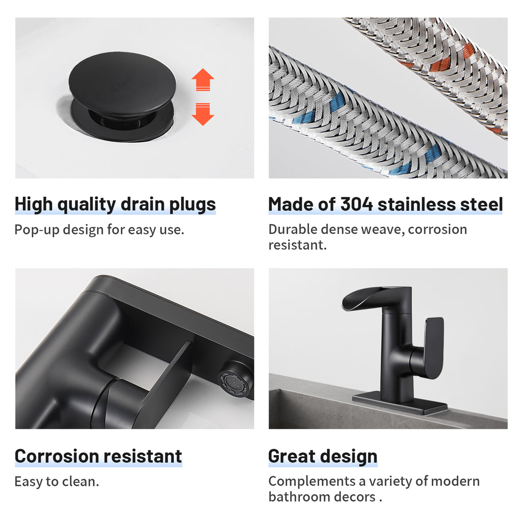 Waterfall Single Handle Single Hole Low Arc Bathroom Faucet With Metal Pop Up Drain Assembly Sink Faucet in Matte Black