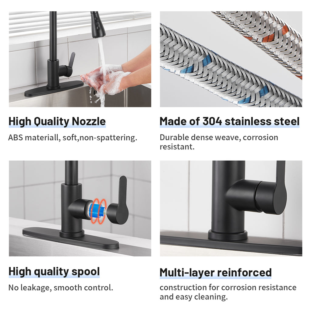 Gooseneck Single-Handle Pull Down Sprayer Kitchen Faucet with Deckplate and Sweep Spray Pull Out Sink Faucet in Black