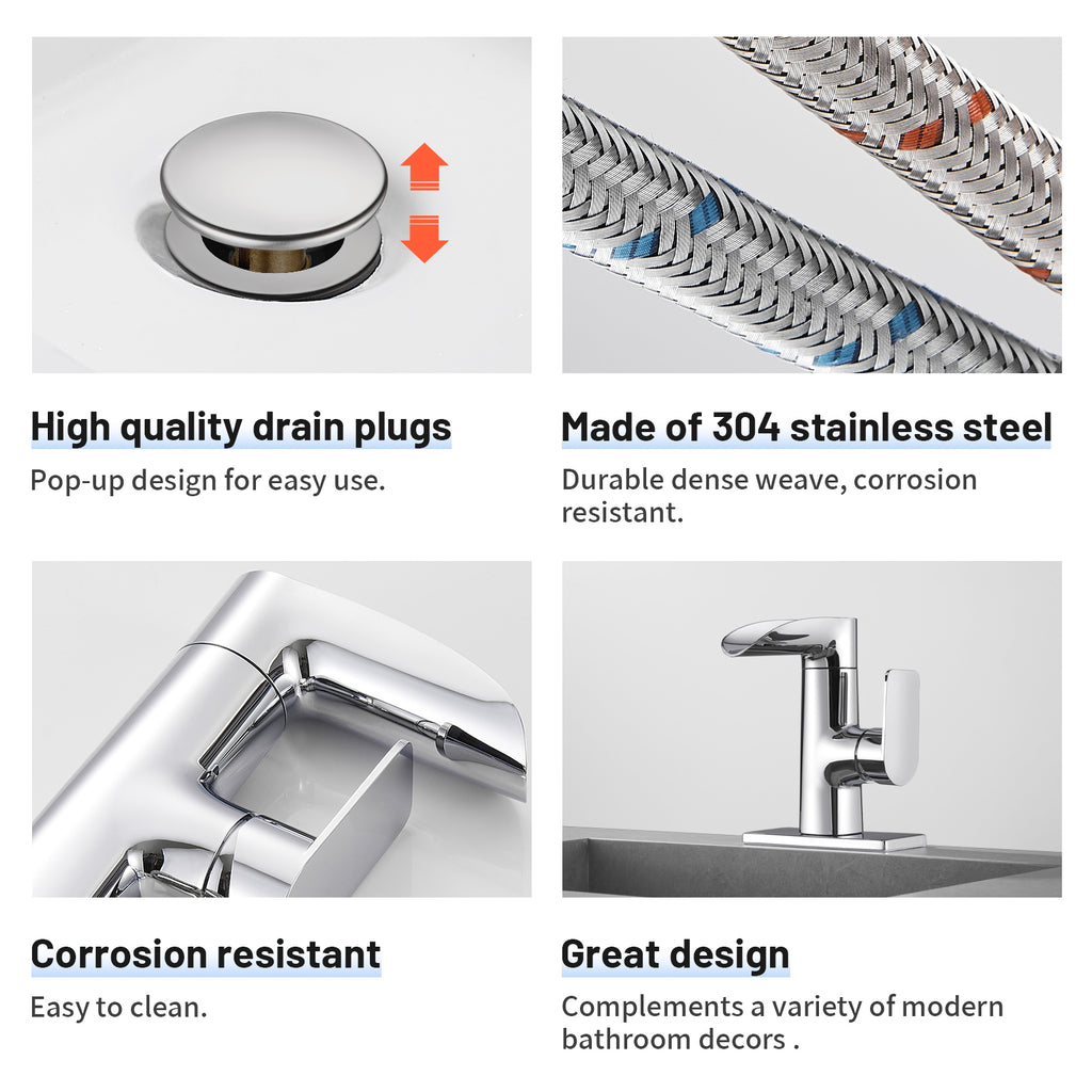 Waterfall Single Handle Single Hole Low Arc Bathroom Faucet With Metal Pop Up Drain Assembly Sink Faucet in Chrome