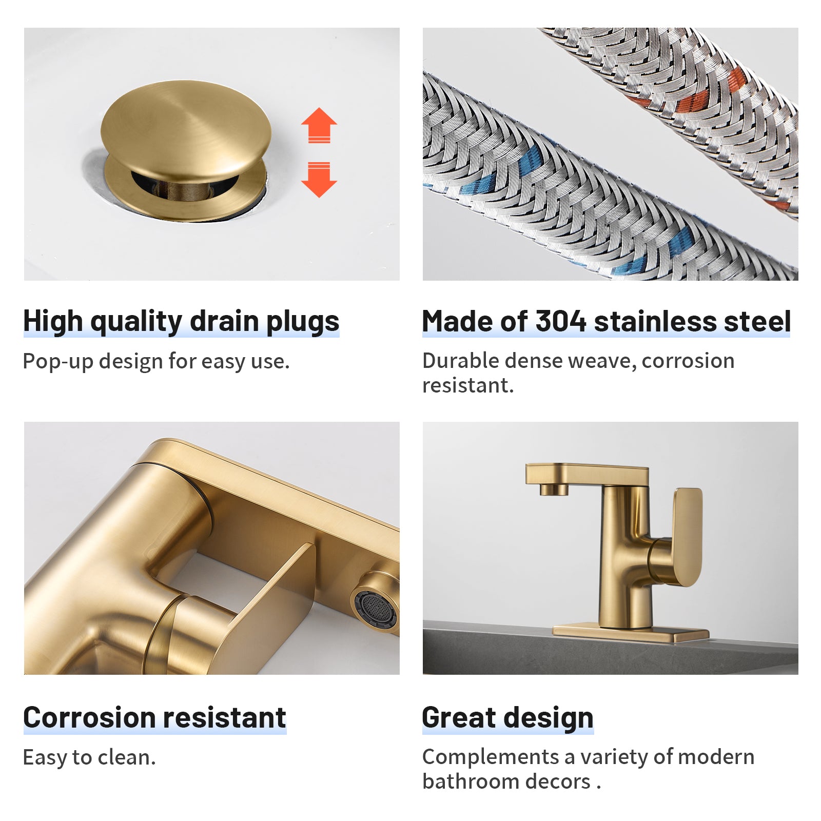 Single Handle Single Hole Low Arc Bathroom Faucet With Metal Pop Up Drain Assembly Swivel Sink Faucet in Gold