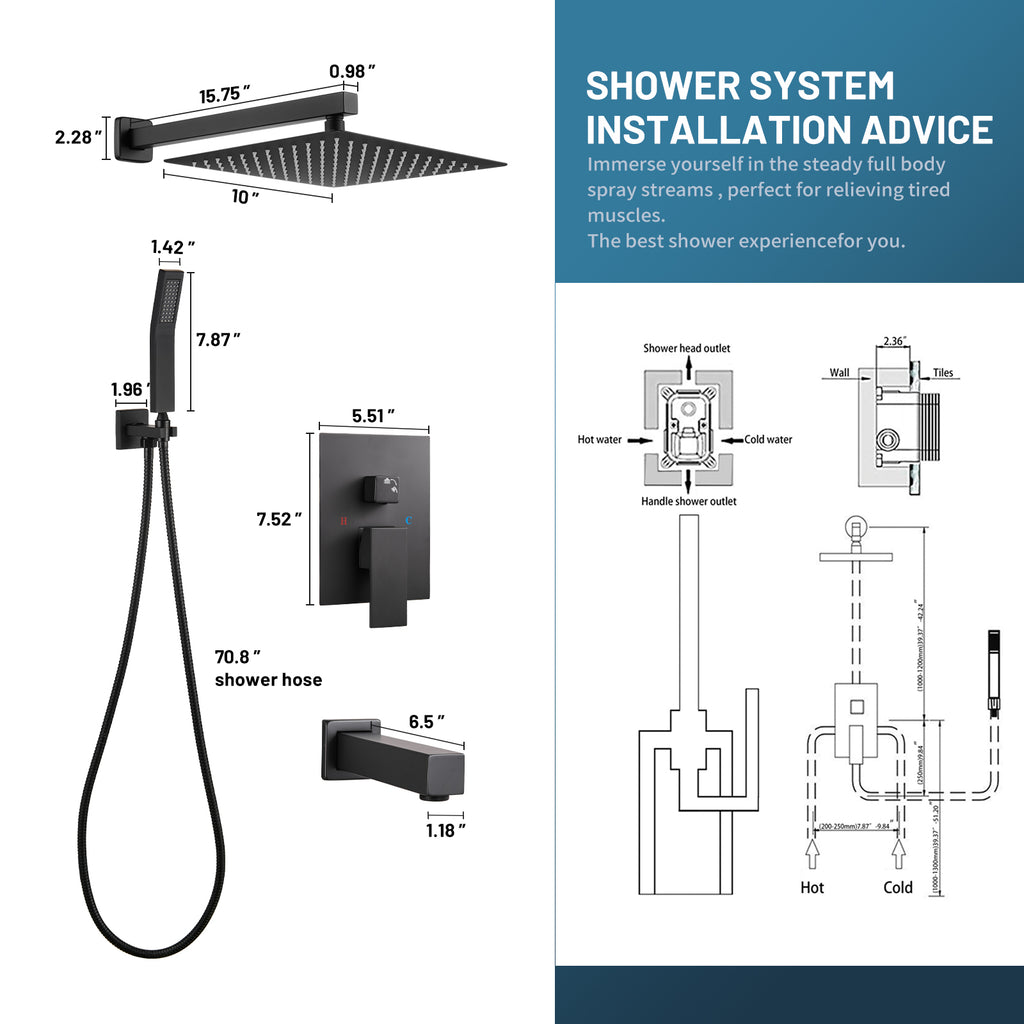 Rain Single Handle 1-Spray Tub Shower Faucet 2.5 GPM Handheld Combo with Valve 10 in. Pressure Balance in Black