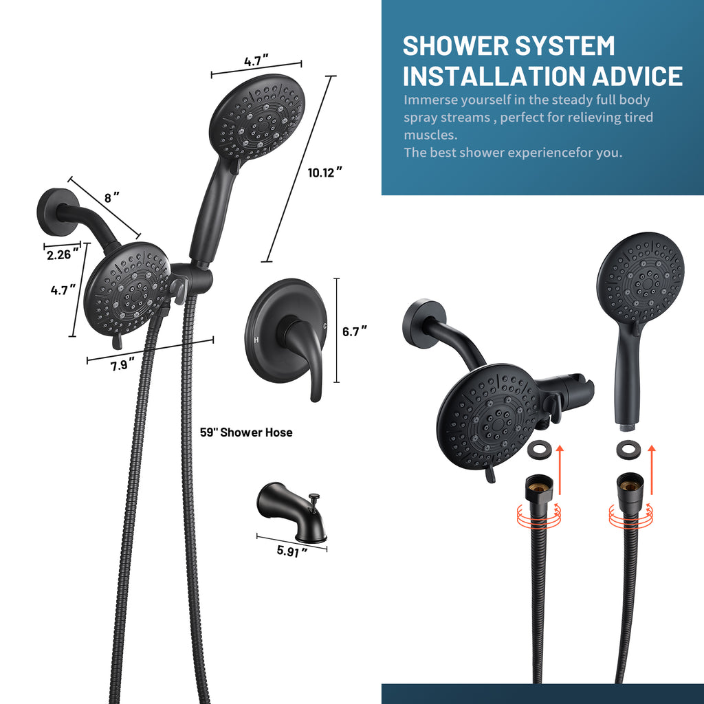 Rain Single Handle 5-Spray Tub Shower Faucet Handheld Combo with Valve 1.8 GPM Adjustable Dual shower Heads in Black
