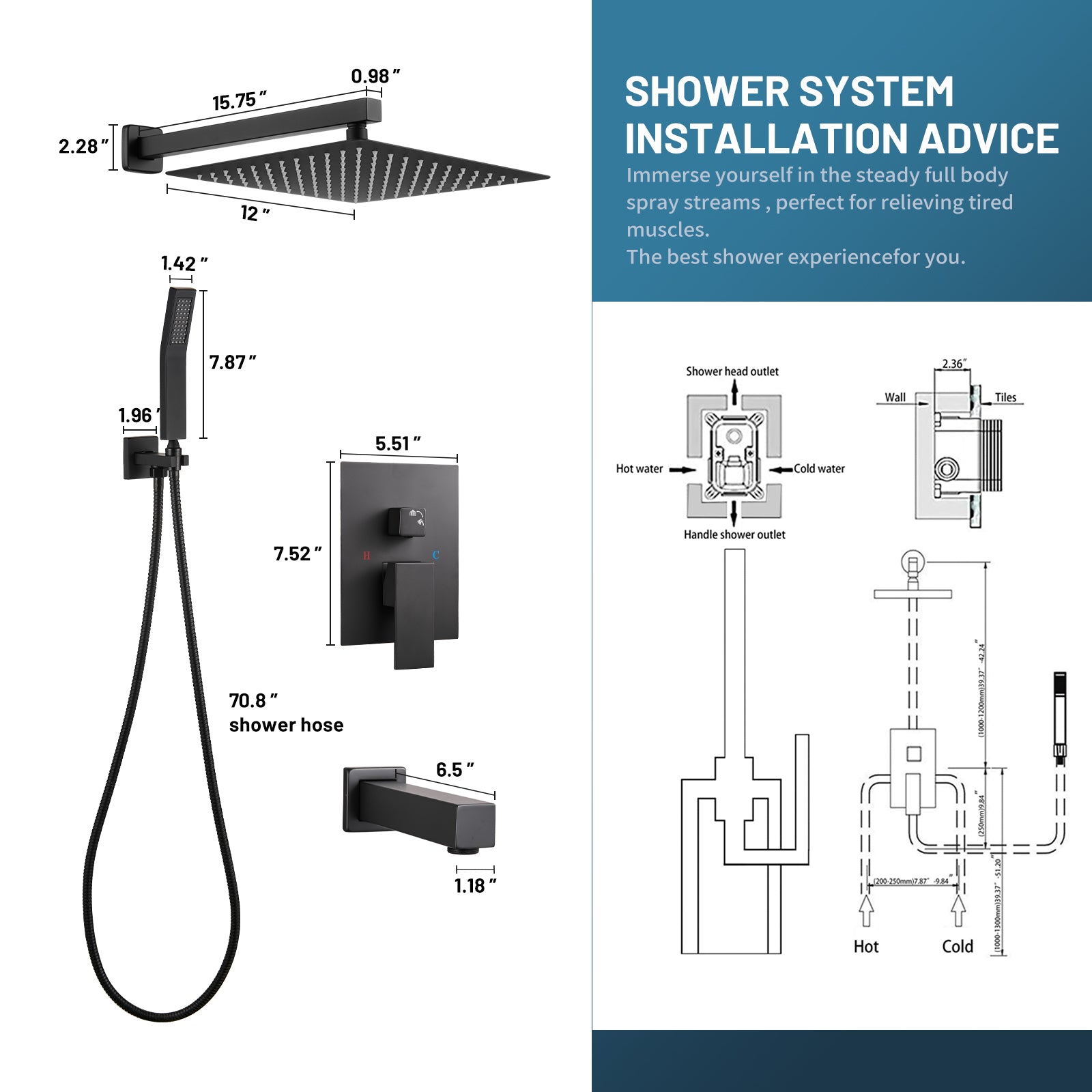 Rain Single Handle 1-Spray Tub Shower Faucet Handheld Combo with Valve 1.8 GPM 12 in. Adjustable shower Head in Black