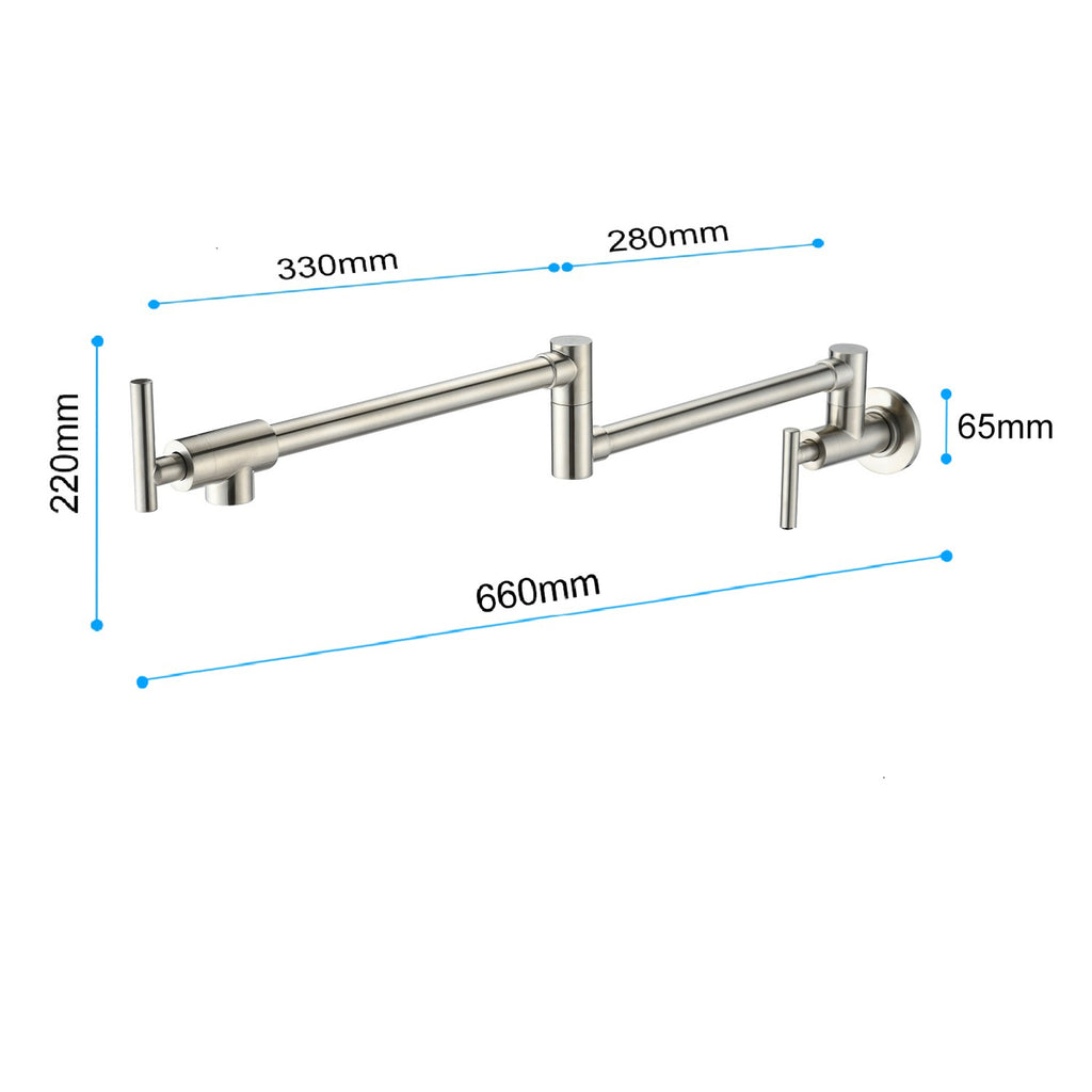 Wall Mounted Folding Pot Filler with Double-Handle Brass stretchable Kitchen Sink Faucet in Brushed Nickel