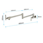 Wall Mounted Folding Pot Filler with Double-Handle Brass stretchable Kitchen Sink Faucet in Brushed Nickel