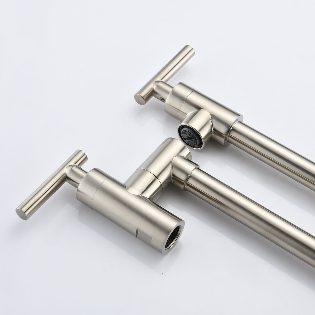 Wall Mounted Folding Pot Filler with Double-Handle Brass stretchable Kitchen Sink Faucet in Brushed Nickel