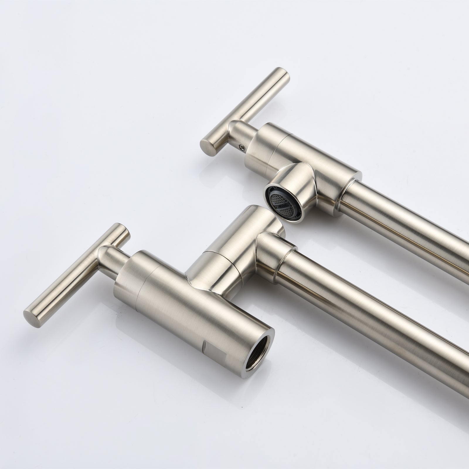 Wall Mounted Folding Pot Filler with Double-Handle Brass stretchable Kitchen Sink Faucet in Brushed Nickel