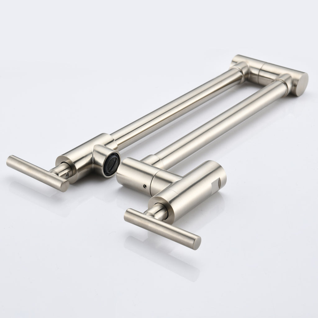 Wall Mounted Folding Pot Filler with Double-Handle Brass stretchable Kitchen Sink Faucet in Brushed Nickel