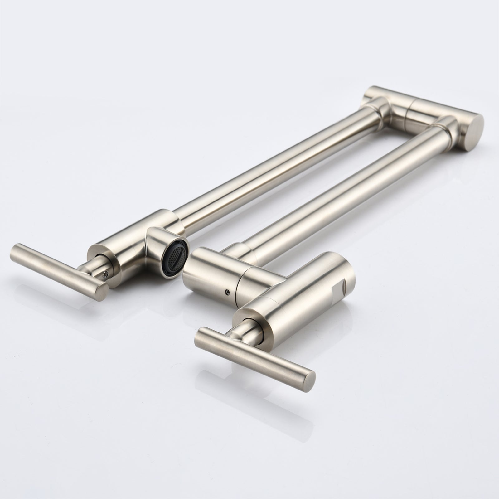 Wall Mounted Folding Pot Filler with Double-Handle Brass stretchable Kitchen Sink Faucet in Brushed Nickel