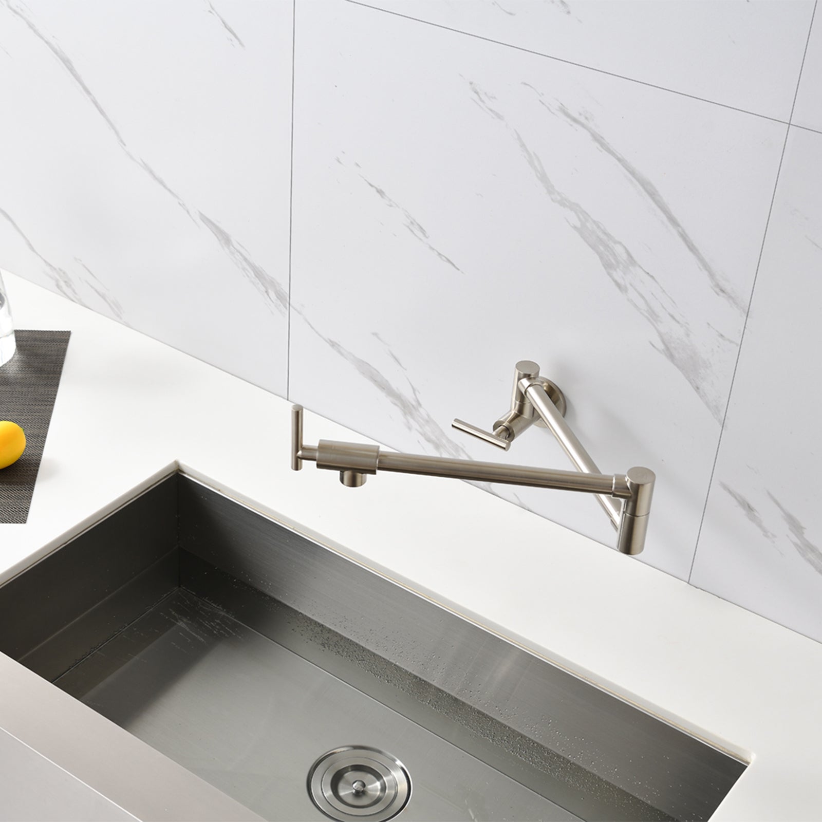 Wall Mounted Folding Pot Filler with Double-Handle Brass stretchable Kitchen Sink Faucet in Brushed Nickel