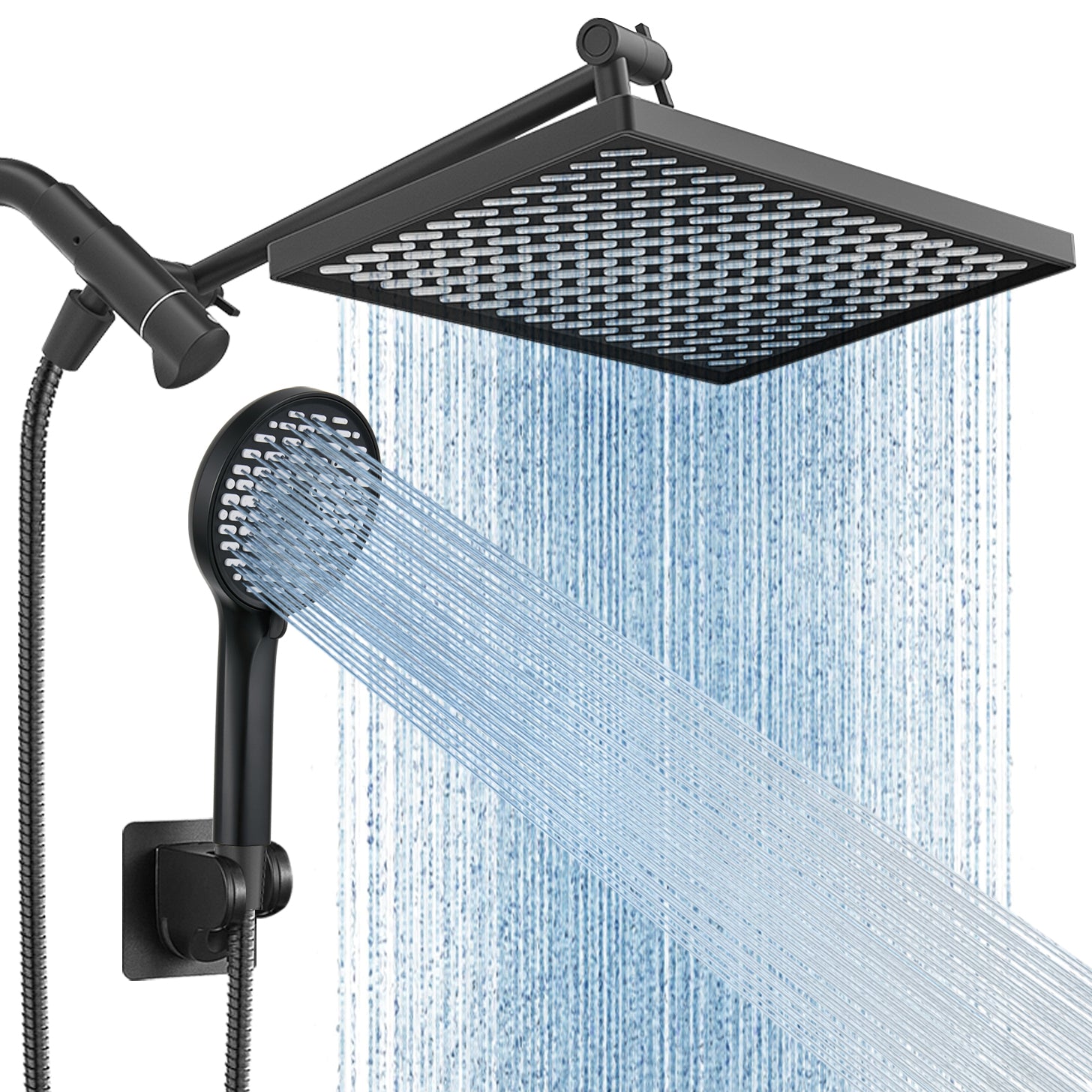 11.8 Inch Rain Shower Head with 6 Modes Handheld Water Spray，High Pressure Showerhead Combo with 11 Inch Adjustable Extension Arm, Black