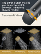 11.8 Inch Rain Shower Head with 6 Modes Handheld Water Spray，High Pressure Showerhead Combo with 11 Inch Adjustable Extension Arm, Black