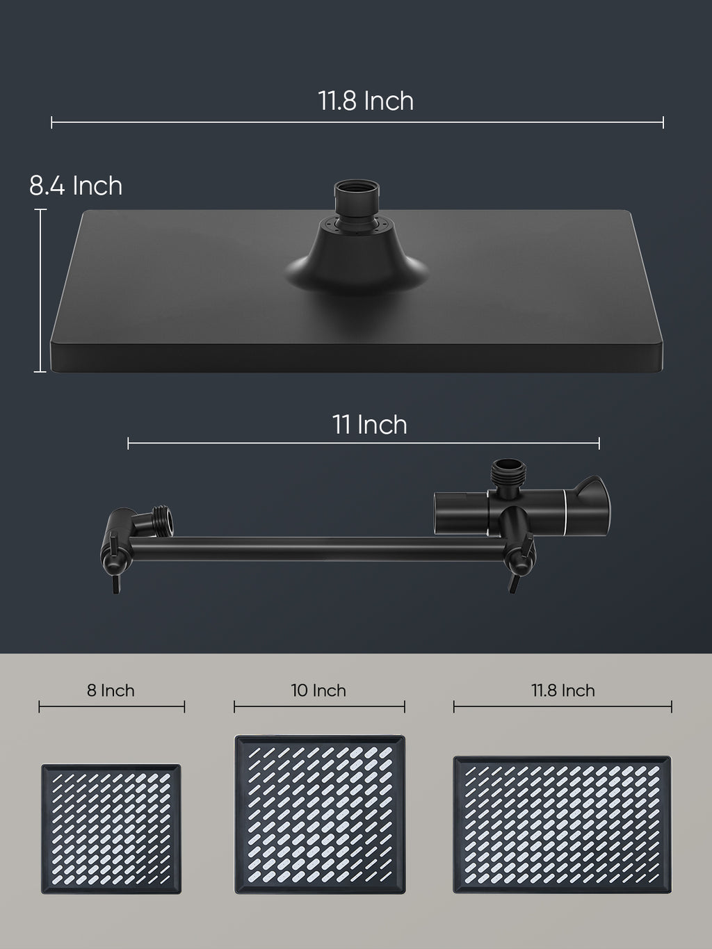 11.8 Inch Rain Shower Head with 6 Modes Handheld Water Spray，High Pressure Showerhead Combo with 11 Inch Adjustable Extension Arm, Black