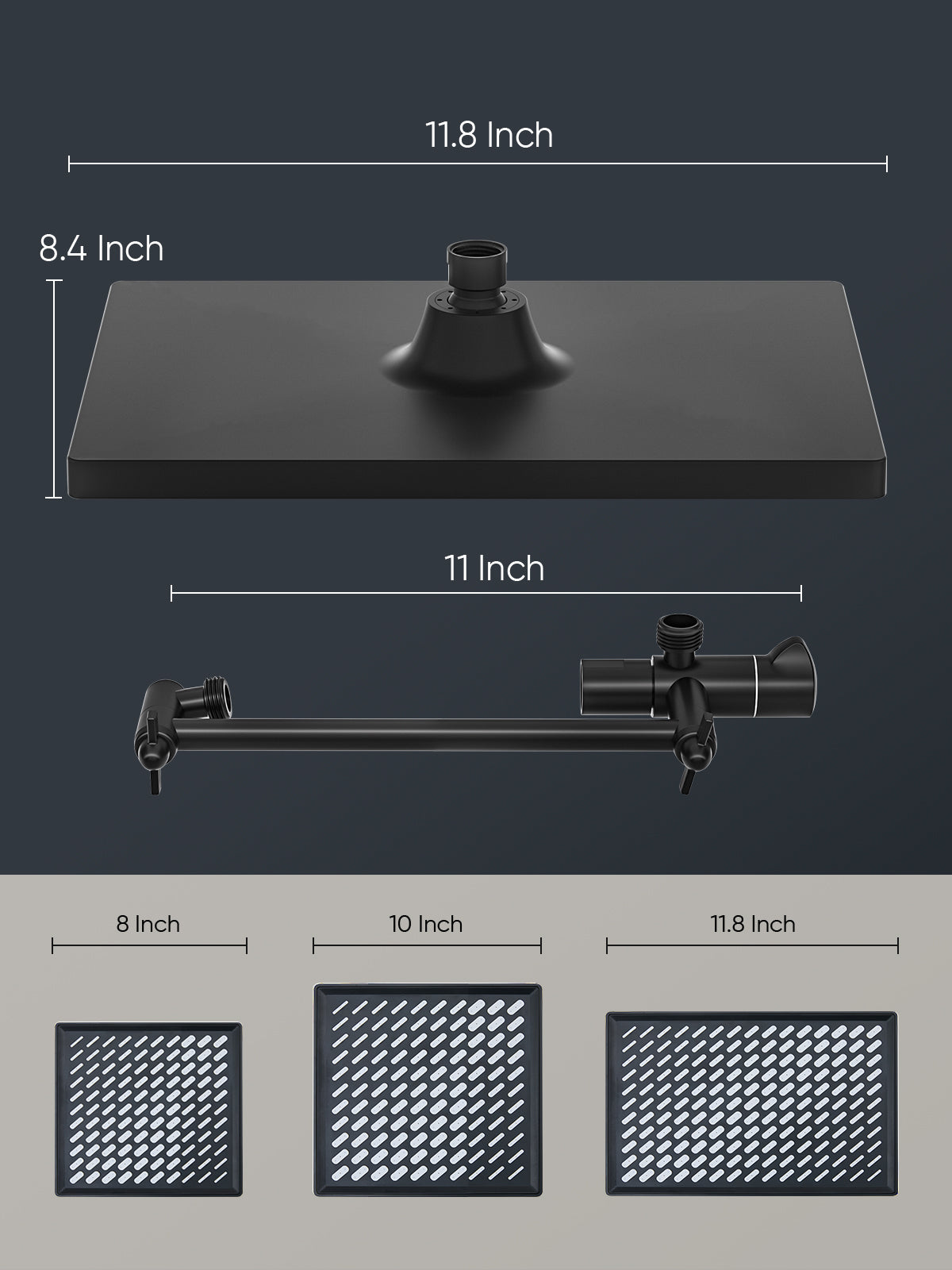 11.8 Inch Rain Shower Head with 6 Modes Handheld Water Spray，High Pressure Showerhead Combo with 11 Inch Adjustable Extension Arm, Black