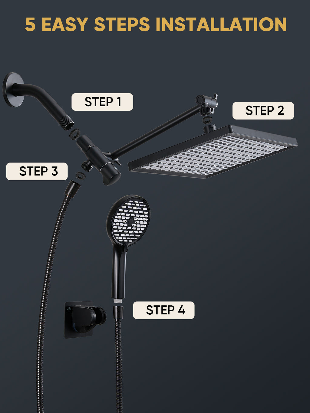 11.8 Inch Rain Shower Head with 6 Modes Handheld Water Spray，High Pressure Showerhead Combo with 11 Inch Adjustable Extension Arm, Black