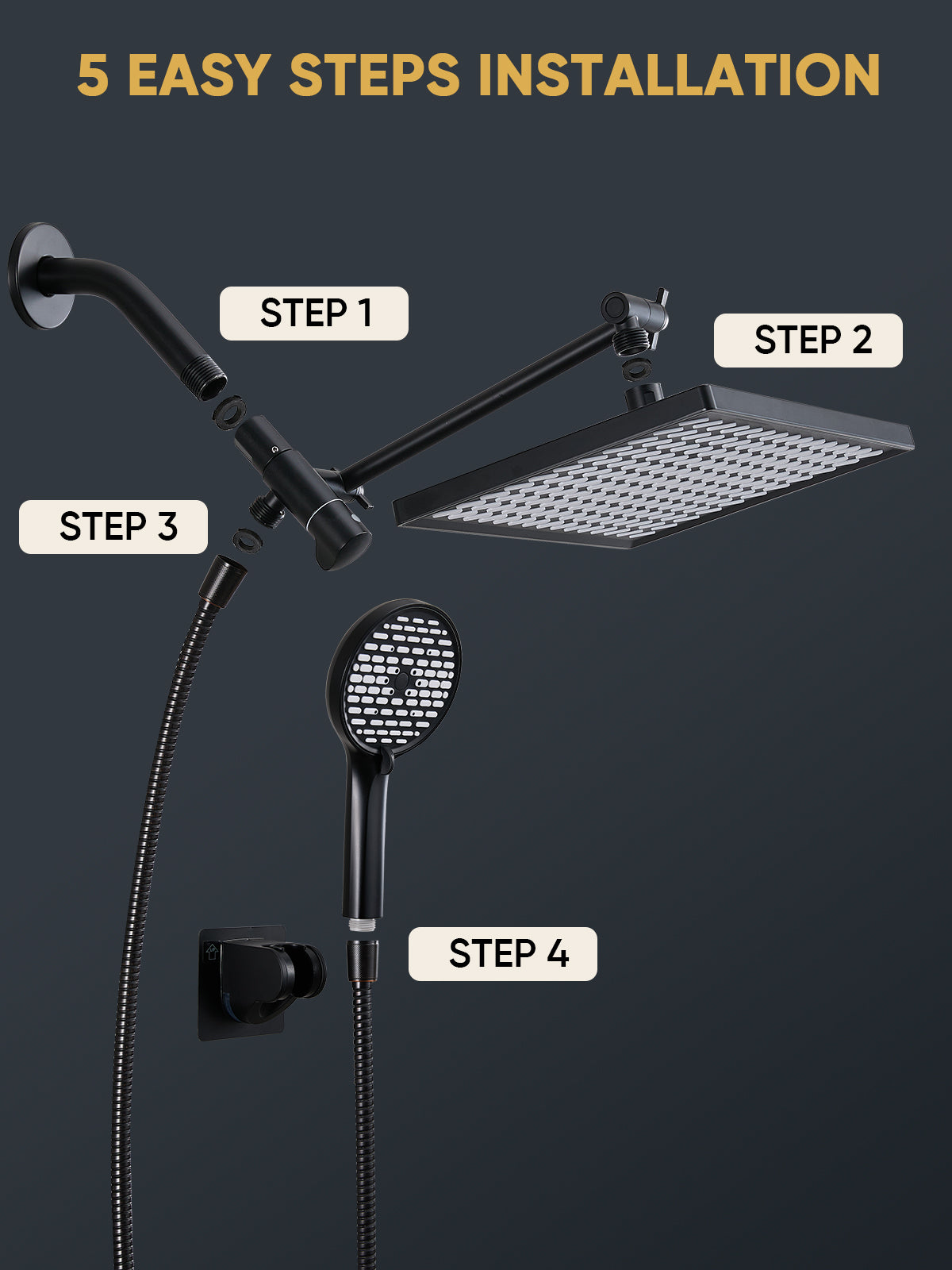 11.8 Inch Rain Shower Head with 6 Modes Handheld Water Spray，High Pressure Showerhead Combo with 11 Inch Adjustable Extension Arm, Black