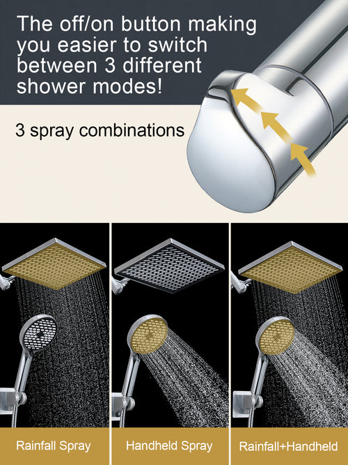 11.8 Inch Rain Shower Head with 6 Modes Handheld Water Spray，High Pressure Showerhead Combo with 11 Inch Adjustable Extension Arm, Chrome