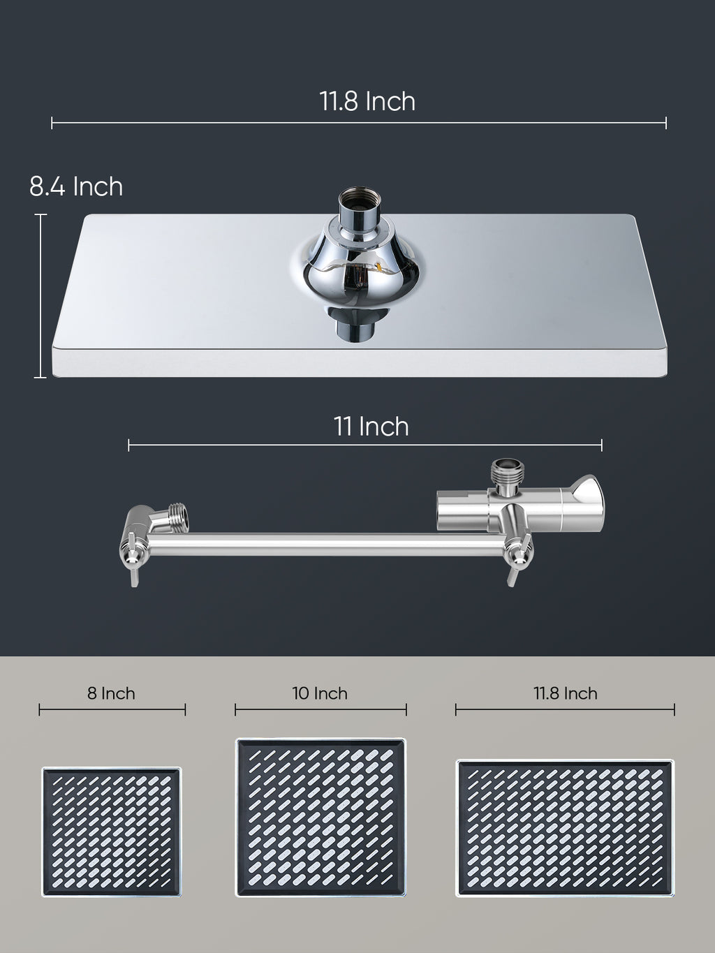 11.8 Inch Rain Shower Head with 6 Modes Handheld Water Spray，High Pressure Showerhead Combo with 11 Inch Adjustable Extension Arm, Chrome