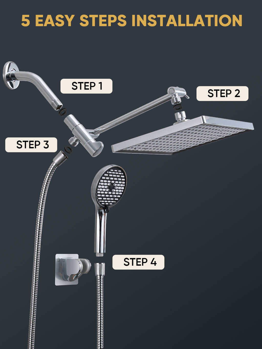 11.8 Inch Rain Shower Head with 6 Modes Handheld Water Spray，High Pressure Showerhead Combo with 11 Inch Adjustable Extension Arm, Chrome