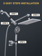 11.8 Inch Rain Shower Head with 6 Modes Handheld Water Spray，High Pressure Showerhead Combo with 11 Inch Adjustable Extension Arm, Chrome