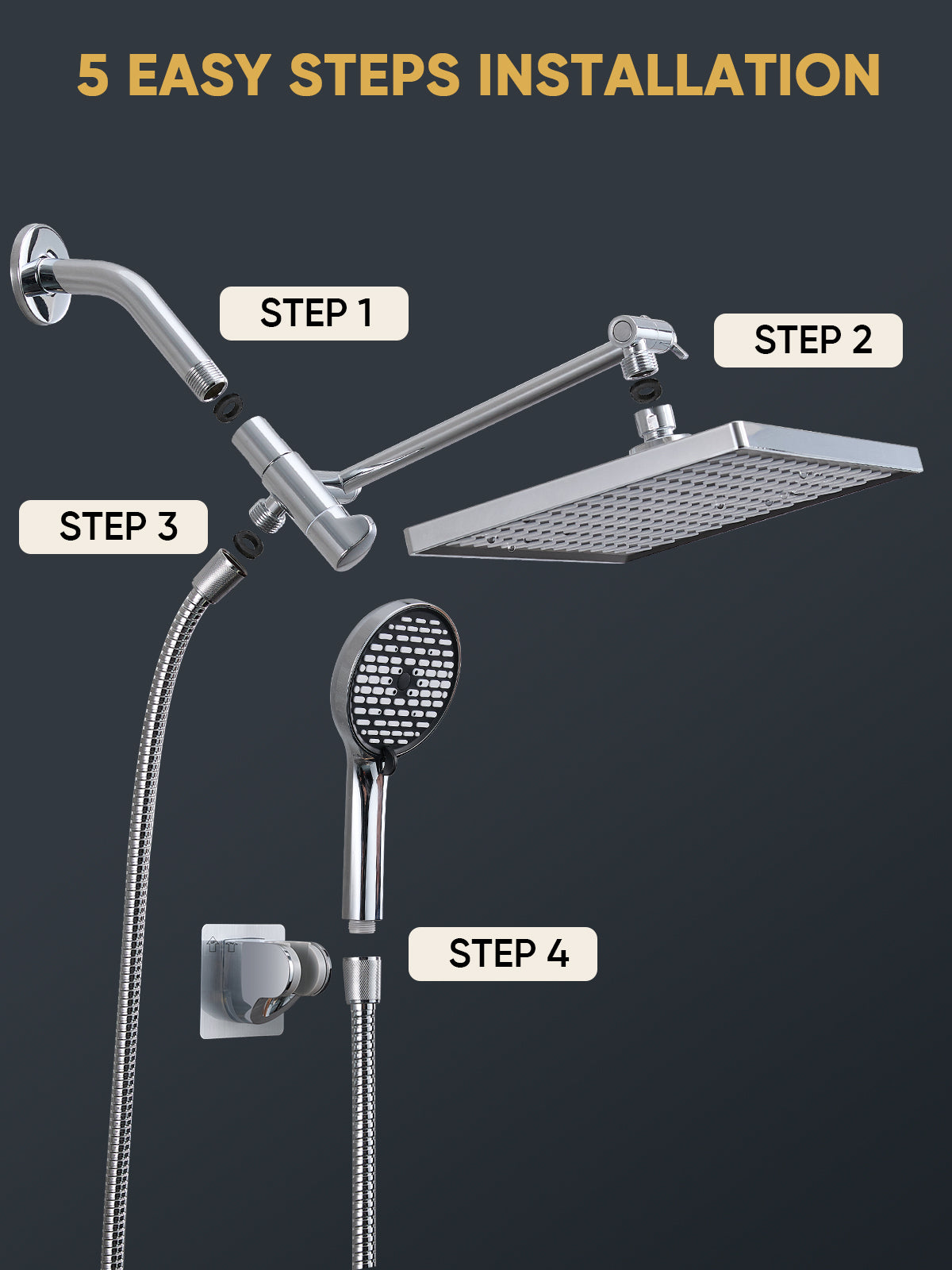 11.8 Inch Rain Shower Head with 6 Modes Handheld Water Spray，High Pressure Showerhead Combo with 11 Inch Adjustable Extension Arm, Chrome