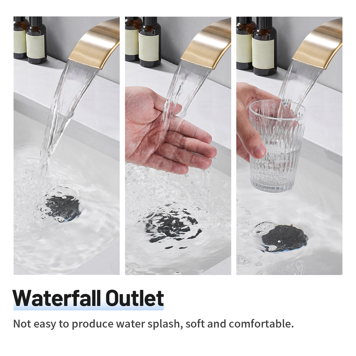 Waterfall Single Handle Single Hole Bathroom Faucet with Drain Kit Included in Brushed Gold