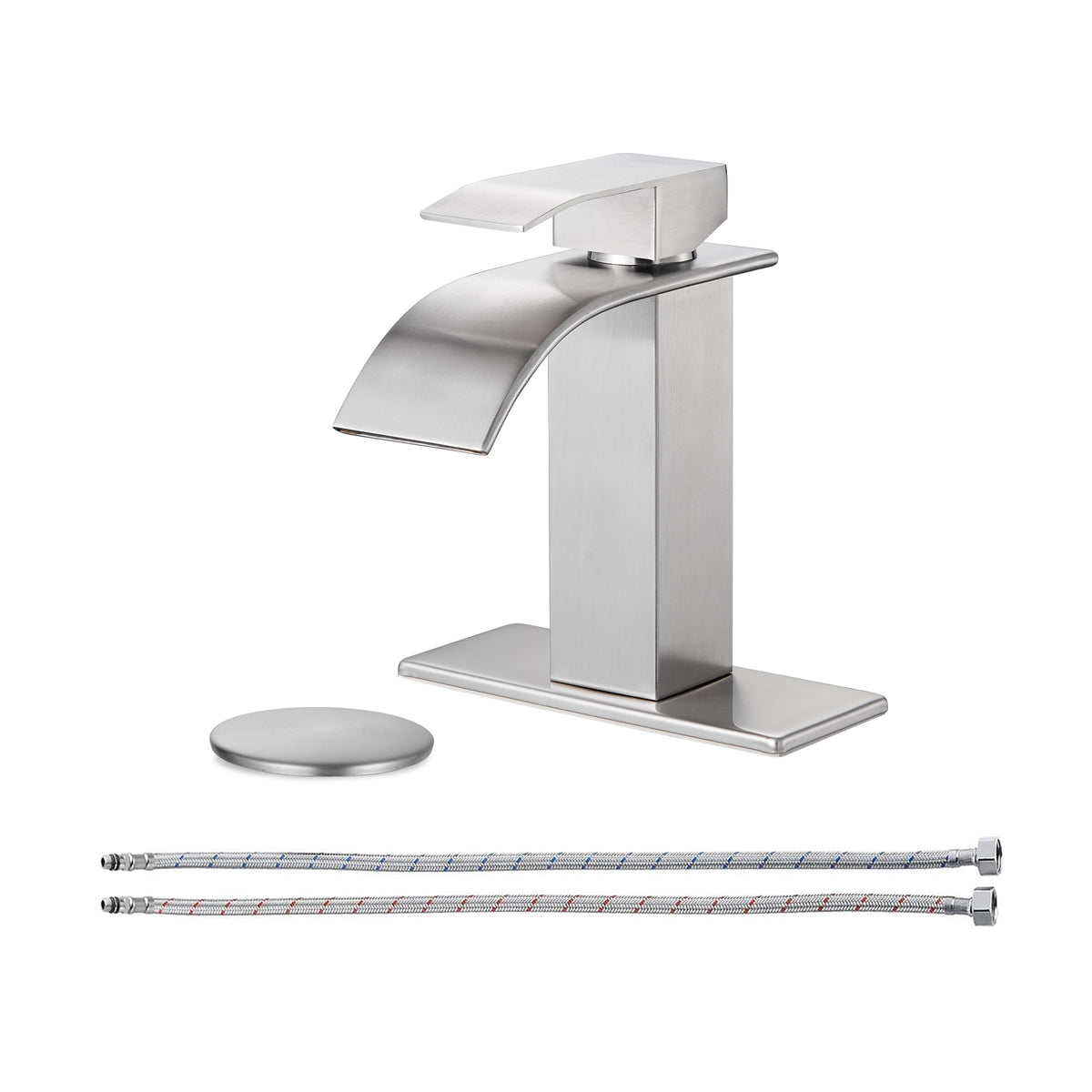 Waterfall Single Handle Single Hole Bathroom Faucet with Drain Kit Included in Brushed Nickel