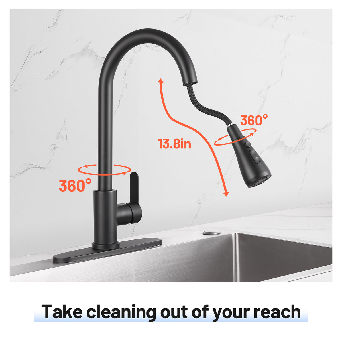 Gooseneck Single-Handle Pull Down Sprayer Kitchen Faucet with Deckplate and Sweep Spray Pull Out Sink Faucet in Matte Black