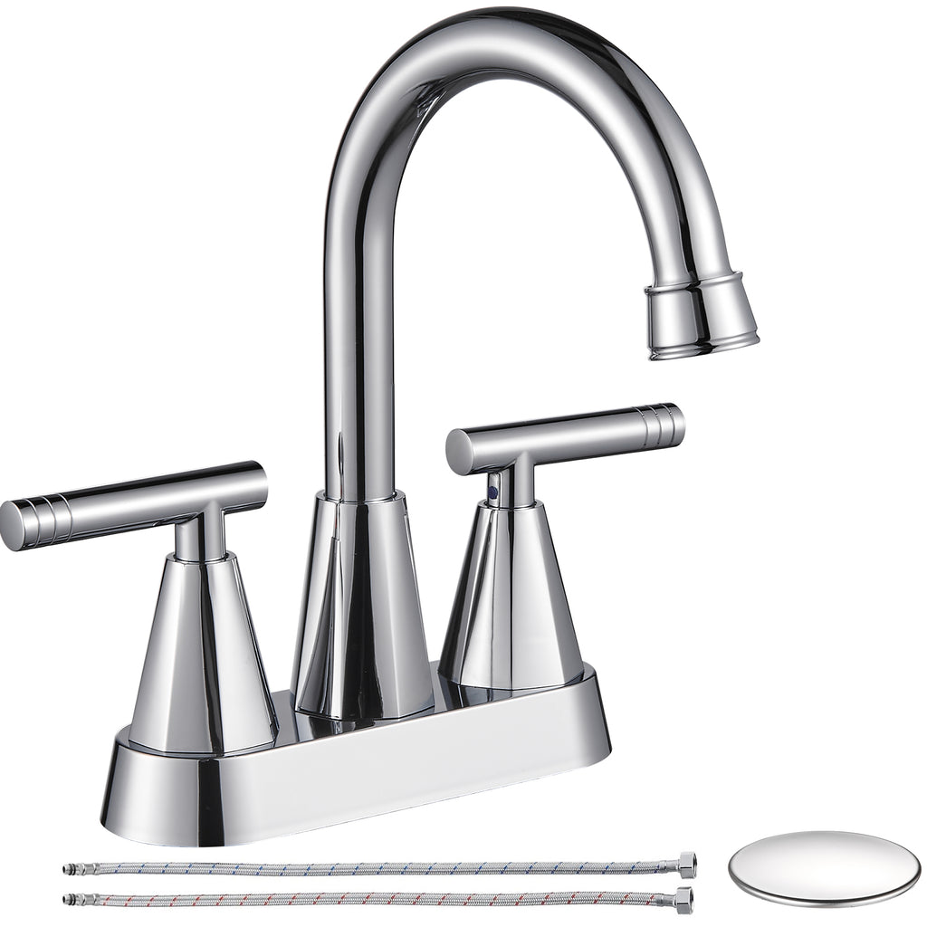 4-inch Bathroom Faucet with Pop up Drain and Two Supply Hoses, Lead-Free Stainless Steel 2-Handle Centerset Faucet for Vanity, RV Chrome