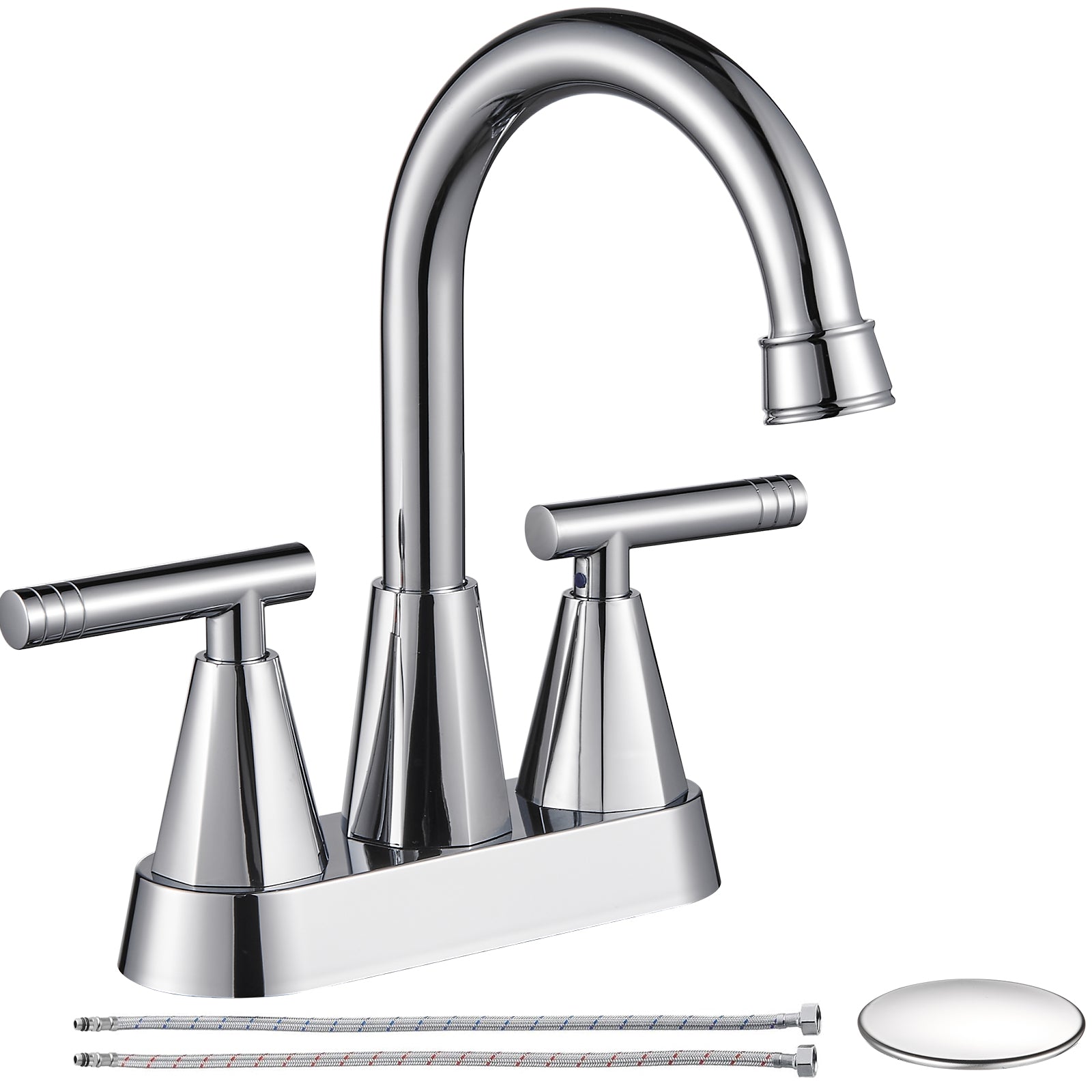 4-inch Bathroom Faucet with Pop up Drain and Two Supply Hoses, Lead-Free Stainless Steel 2-Handle Centerset Faucet for Vanity, RV Chrome