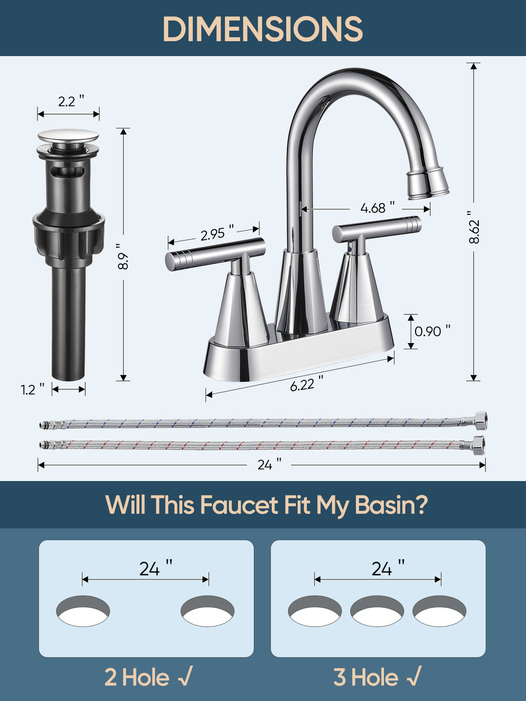 4-inch Bathroom Faucet with Pop up Drain and Two Supply Hoses, Lead-Free Stainless Steel 2-Handle Centerset Faucet for Vanity, RV Chrome