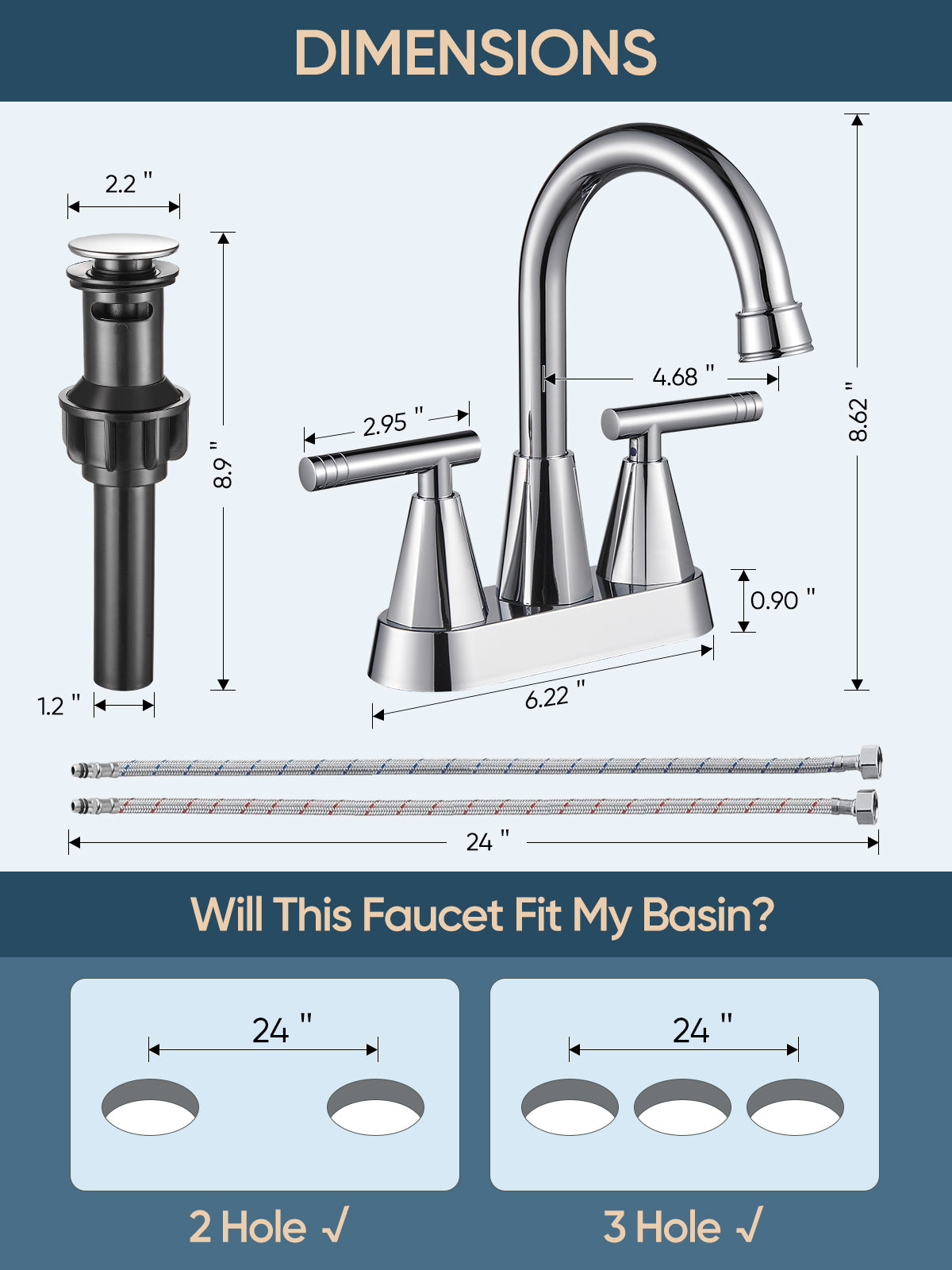 4-inch Bathroom Faucet with Pop up Drain and Two Supply Hoses, Lead-Free Stainless Steel 2-Handle Centerset Faucet for Vanity, RV Chrome