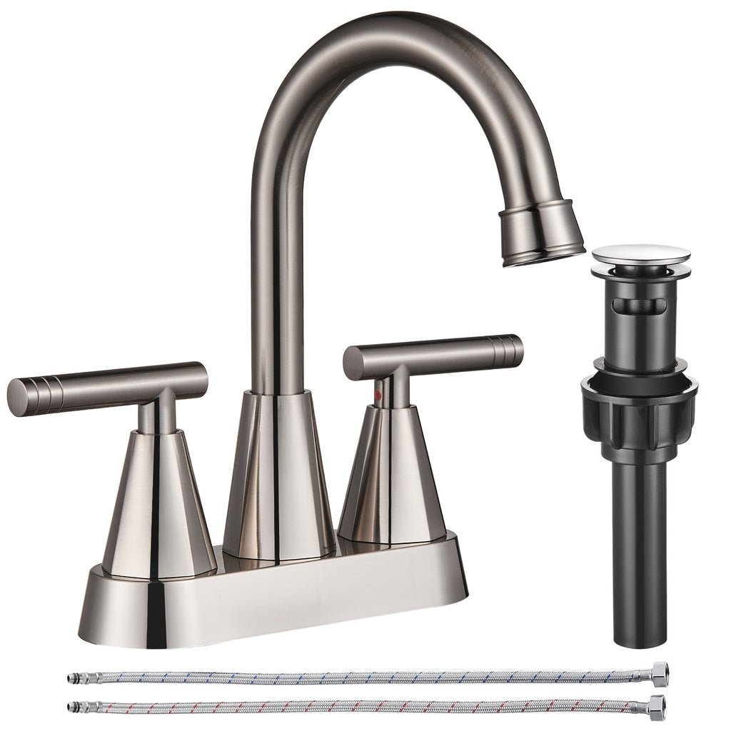 4-inch Bathroom Faucet with Pop up Drain and Two Supply Hoses, Lead-Free Stainless Steel 2-Handle Centerset Faucet for Vanity, RV Brushed Nickel