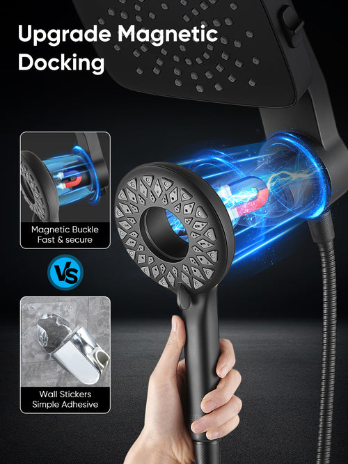 Magnetic Handheld Dual Shower Head with High Pressure Rain Shower Combo 2-in-1 Fixed & Detachable Multiple Spray Modes Built-in Magnet Dock 6ft Hose Matte Black