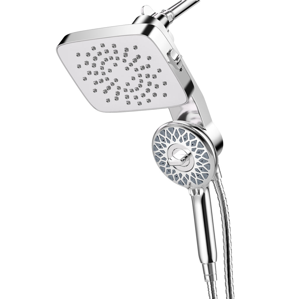 Magnetic Handheld Dual Shower Head with High Pressure Rain Shower Combo 2-in-1 Fixed & Detachable Multiple Spray Modes Built-in Magnet Dock 6ft Hose Chrome