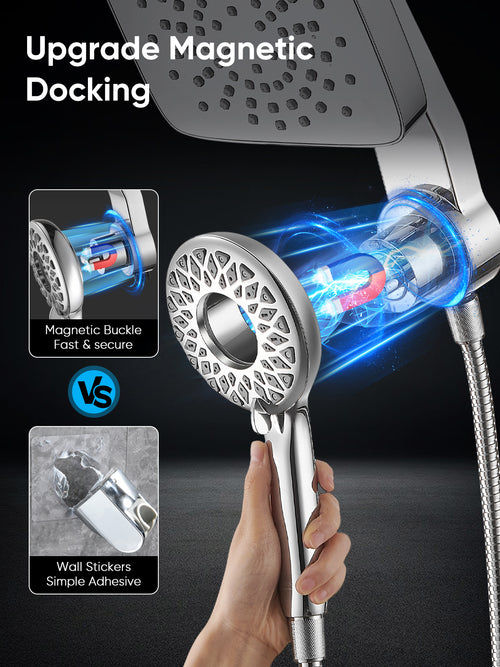 Magnetic Handheld Dual Shower Head with High Pressure Rain Shower Combo 2-in-1 Fixed & Detachable Multiple Spray Modes Built-in Magnet Dock 6ft Hose Chrome