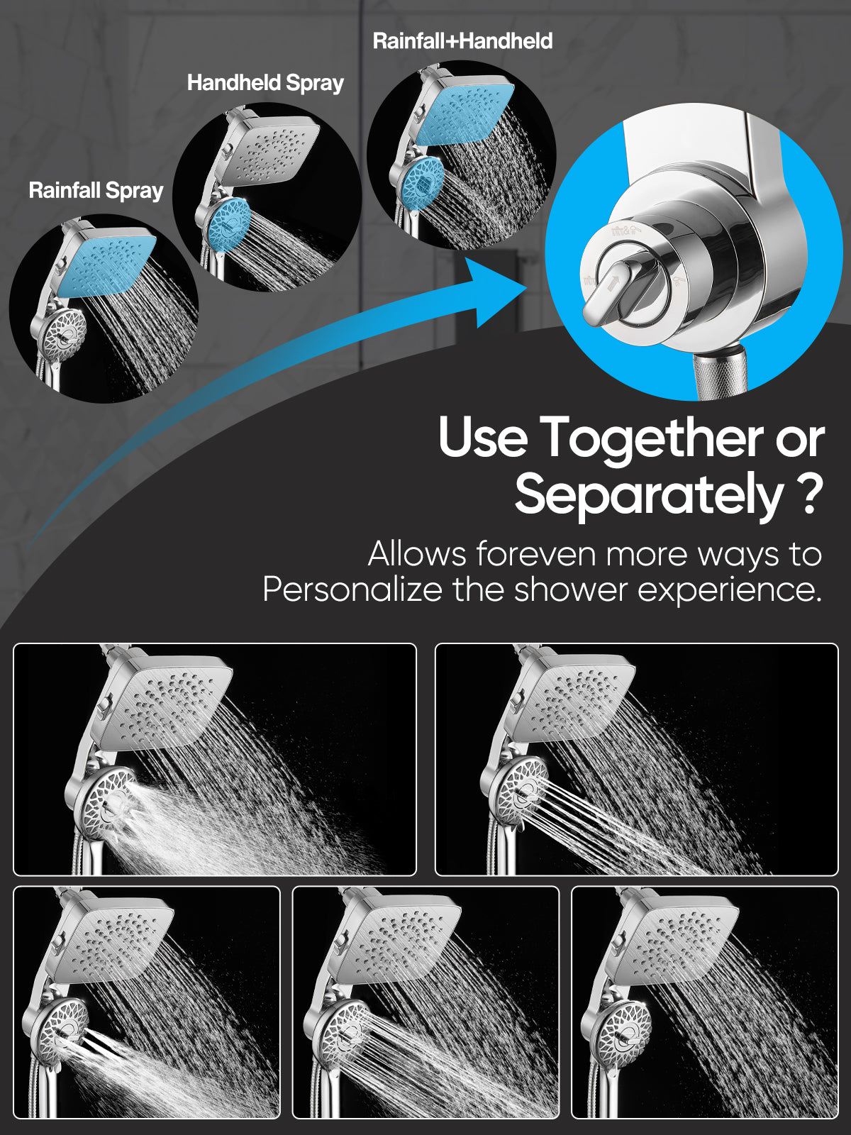 Magnetic Handheld Dual Shower Head with High Pressure Rain Shower Combo 2-in-1 Fixed & Detachable Multiple Spray Modes Built-in Magnet Dock 6ft Hose Chrome