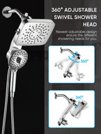 Magnetic Handheld Dual Shower Head with High Pressure Rain Shower Combo 2-in-1 Fixed & Detachable Multiple Spray Modes Built-in Magnet Dock 6ft Hose Chrome