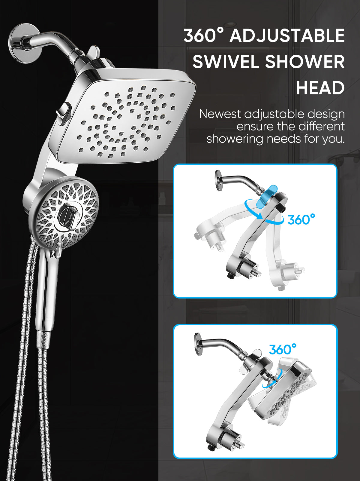 Magnetic Handheld Dual Shower Head with High Pressure Rain Shower Combo 2-in-1 Fixed & Detachable Multiple Spray Modes Built-in Magnet Dock 6ft Hose Chrome