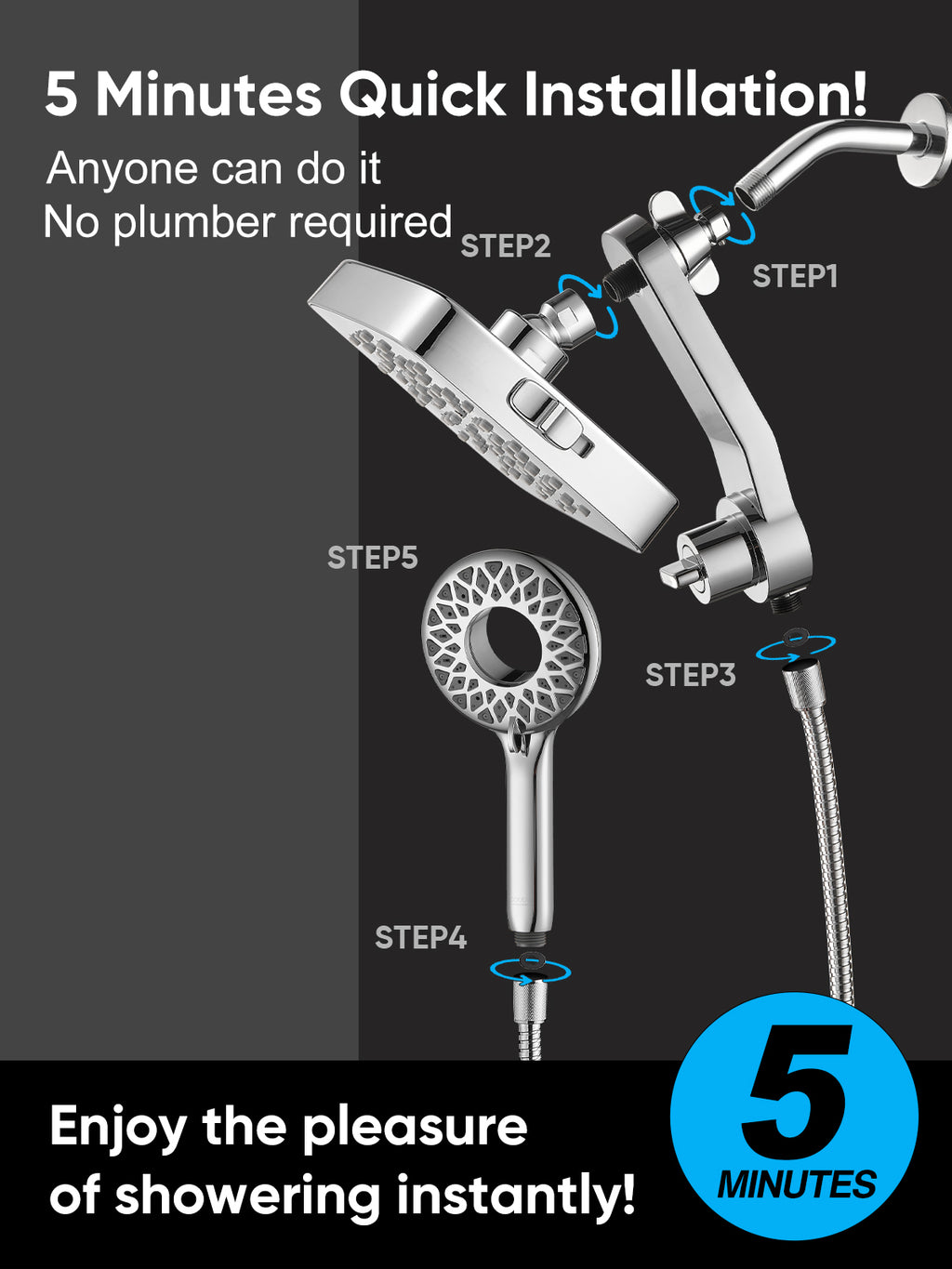 Magnetic Handheld Dual Shower Head with High Pressure Rain Shower Combo 2-in-1 Fixed & Detachable Multiple Spray Modes Built-in Magnet Dock 6ft Hose Chrome
