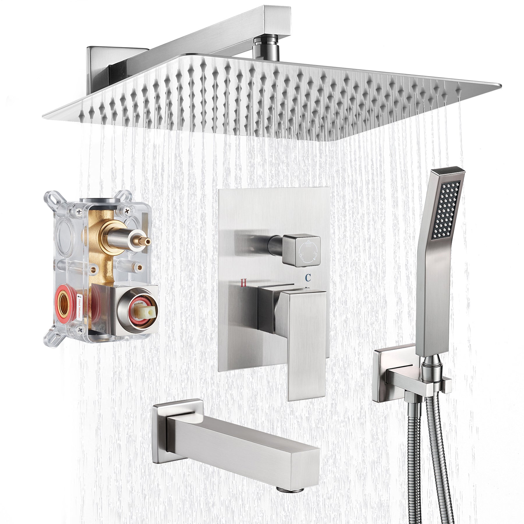 Rain Single Handle 1-Spray Tub Shower Faucet Handheld Combo with Valve 1.8 GPM 12 in. Adjustable Head in Brushed Nickel