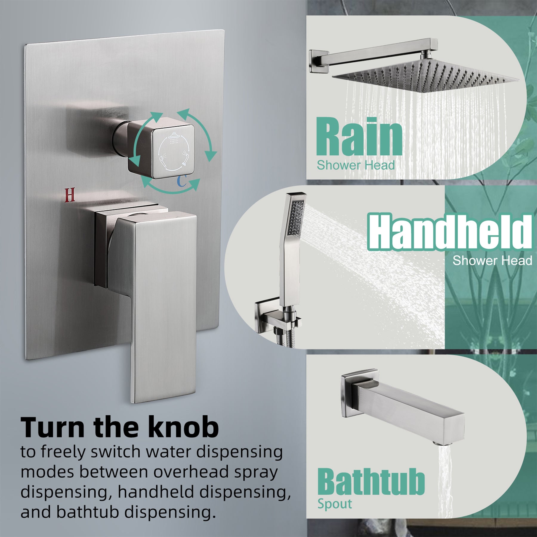 Rain Single Handle 1-Spray Tub Shower Faucet Handheld Combo with Valve 1.8 GPM 12 in. Adjustable Head in Brushed Nickel