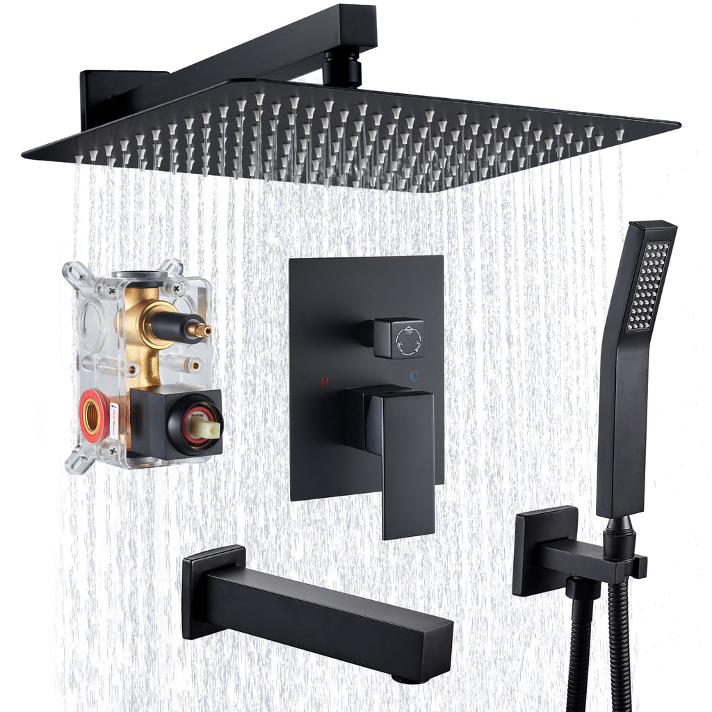 Rain Single Handle 1-Spray Tub Shower Faucet Handheld Combo with Valve 1.8 GPM 12 in. Adjustable shower Head in Black
